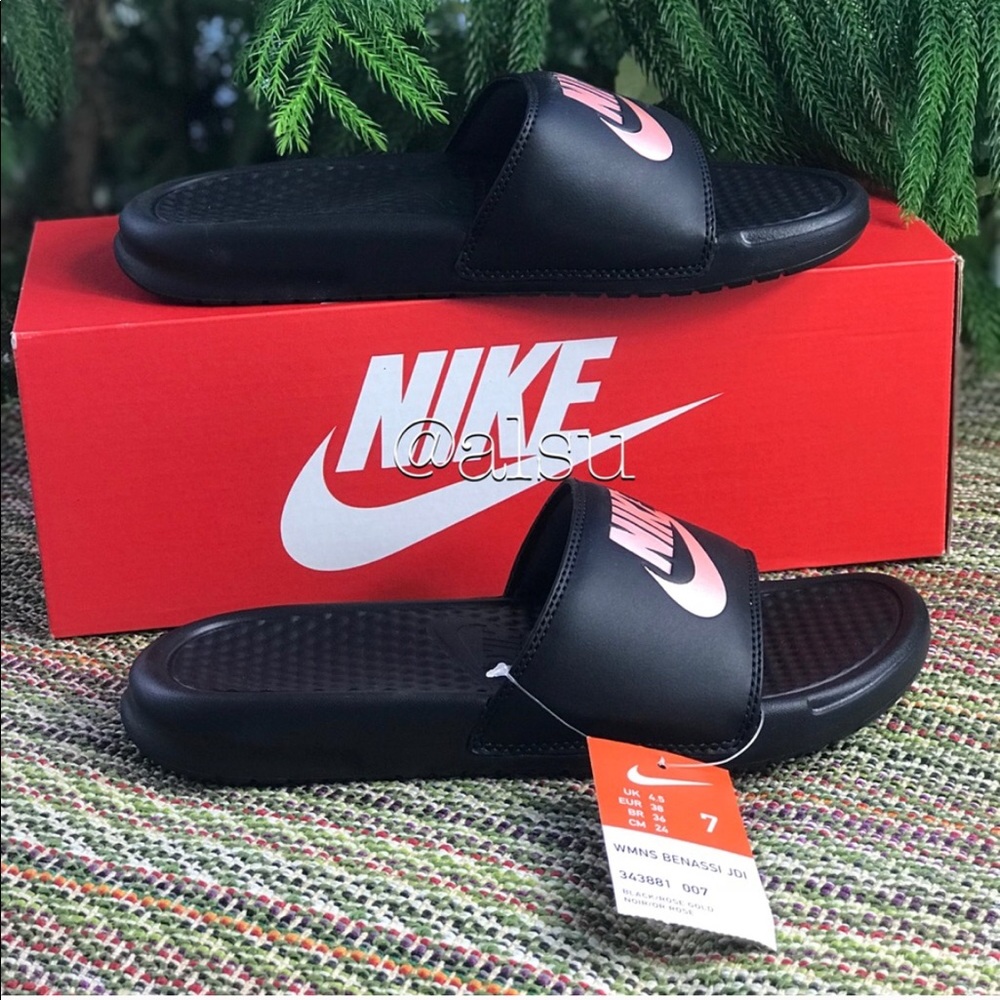 NWT Nike Benassi JDI Black/Gold Rose WMNS - Picture 2 of 5